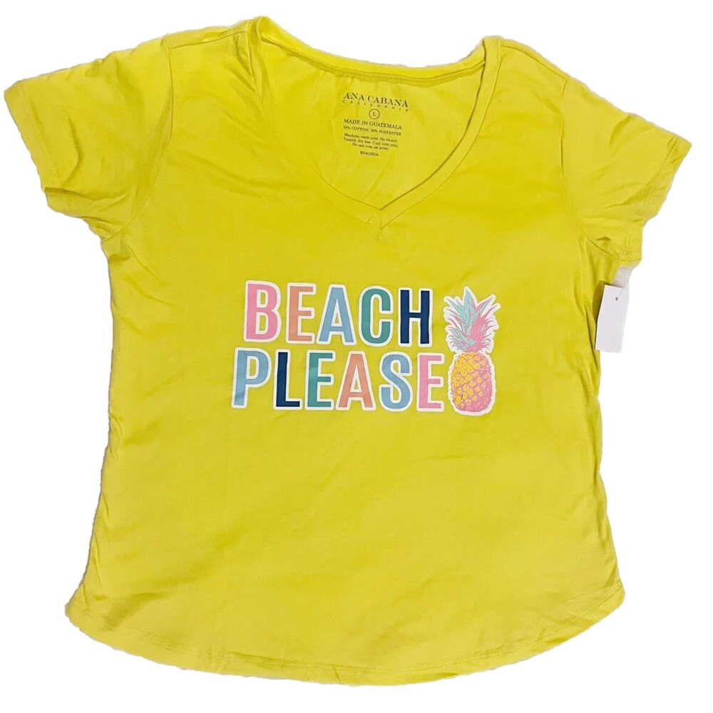 Women's T-Shirt Top "Beach Please" Yellow Pineapple California Size Large NEW